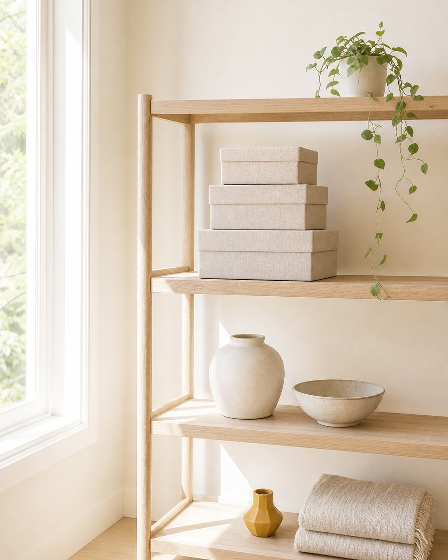 A styled, organized open shelf in a Nashville home