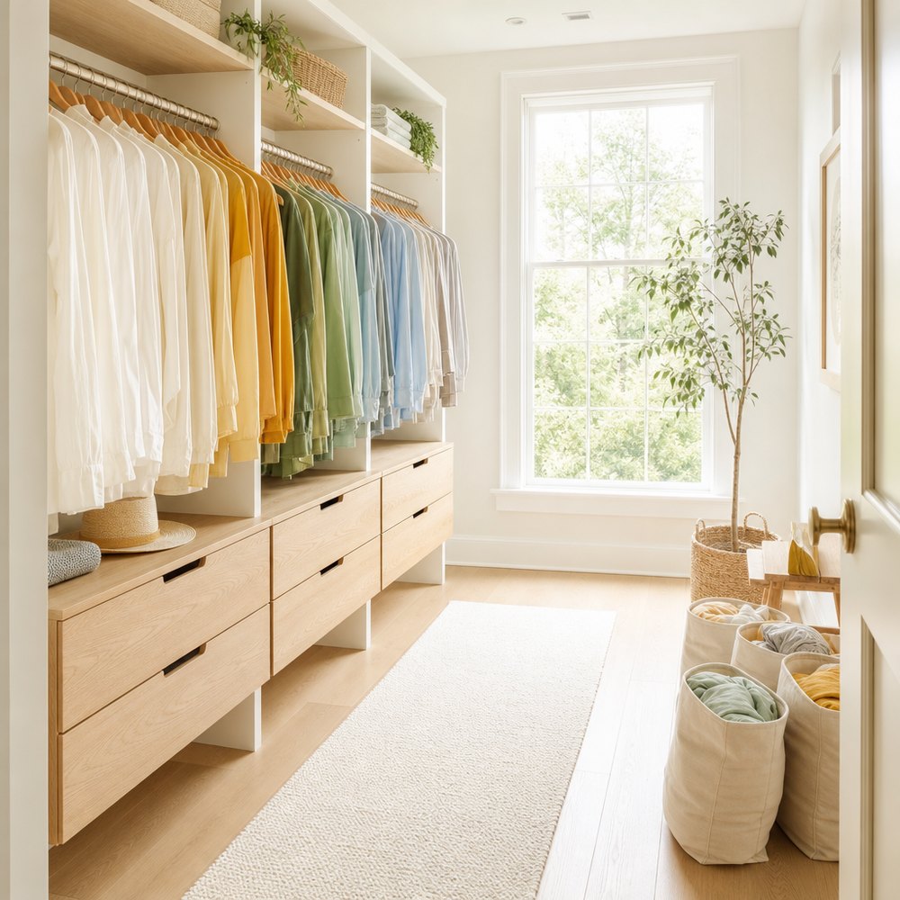 Primary closet, Brentwood organized by Clara Luz Organizing in Nashville, TN